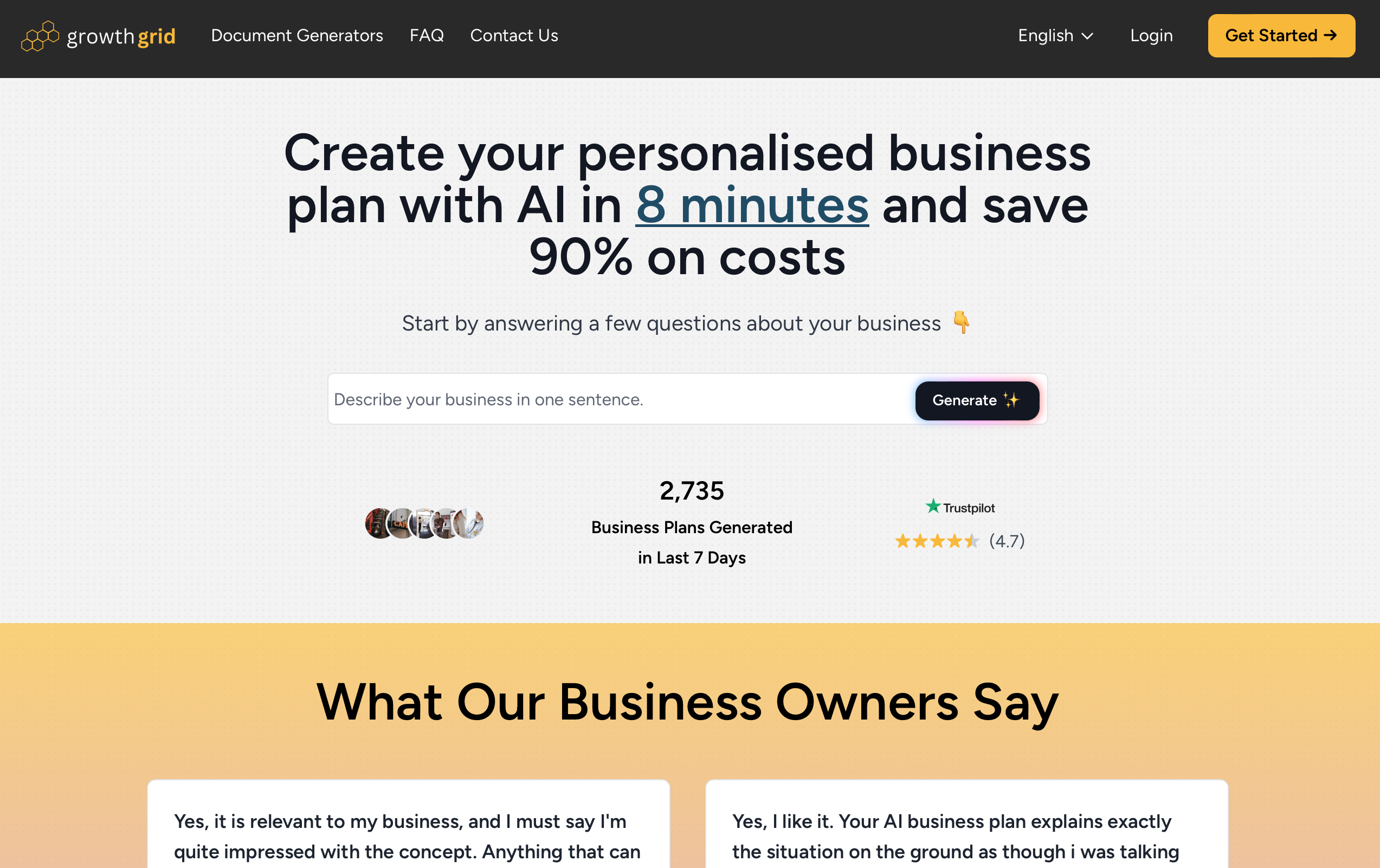 GrowthGridウェブサイト - AIビジネスプランジェネレーター